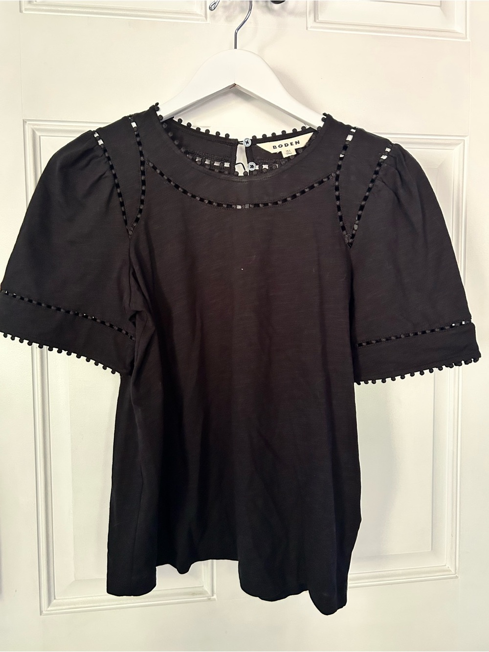 Boden Black Pom-Pom Trim Puff Sleeve Tee